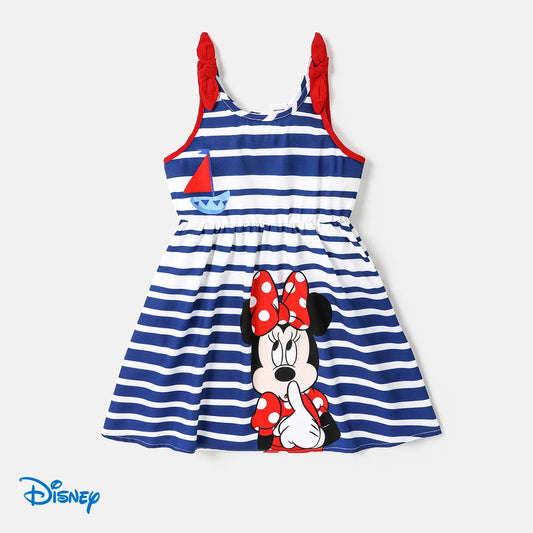 Vestido de tirantes con estampado de personajes de Disney Mickey y sus amigos para niña pequeña con lunares/rayas.